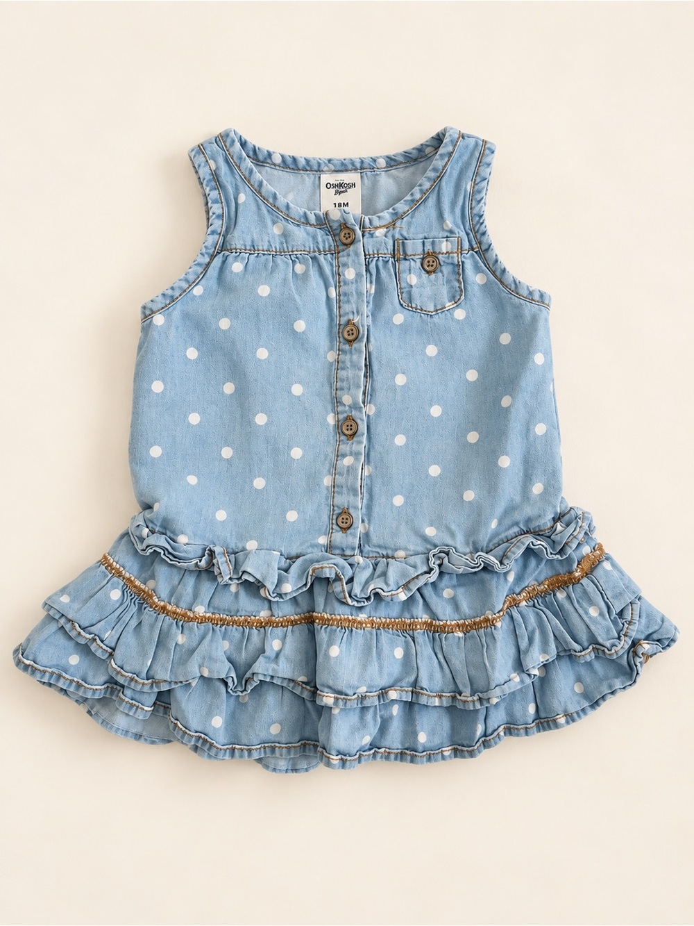 OshKosh B'gosh Light Blue Polka Dot Ruffle Denim Tank Dress